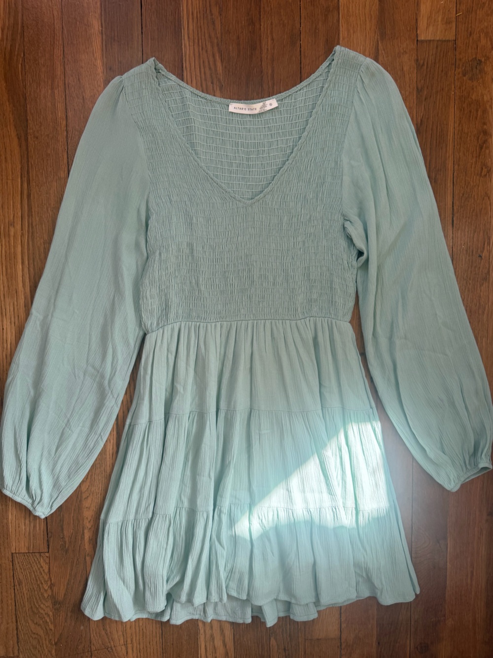 Altar'd State Smocked Long Sleeve Tiered Babydoll Mini Dress Teal/Aqua/Sage